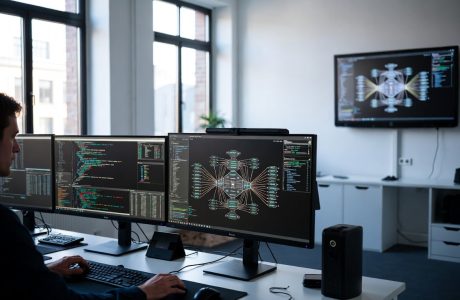 Treballador amb monitors tecnològics