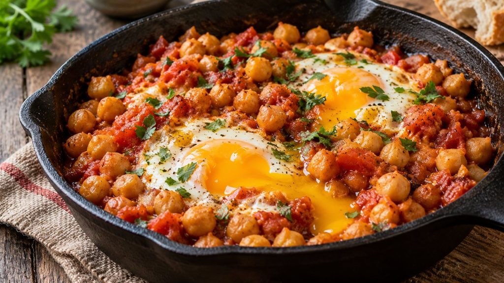 Garbanzos a la sartén con huevos y tomate, listos en 25 minutos