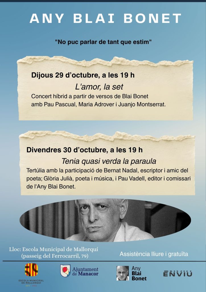 Manacor commemora el centenari de Blai Bonet els dies 29 i 30 d’octubre