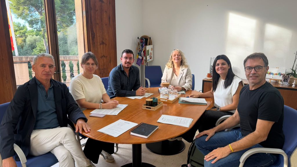 Nau industrial d'un escorxador municipal en construcció, amb estructura de formigó i bigues d'acer, envoltada de camps de Mallorca, llum de dia clara.