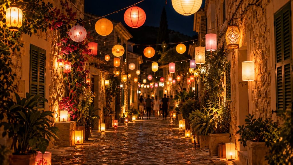 Carrer de poble amb fanalets encesos de nit