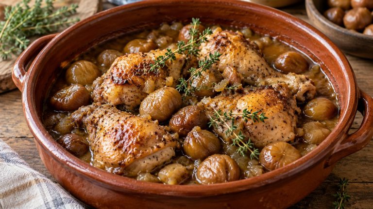 Pollo guisat amb castanyes, tendre i amb una salsa melosa