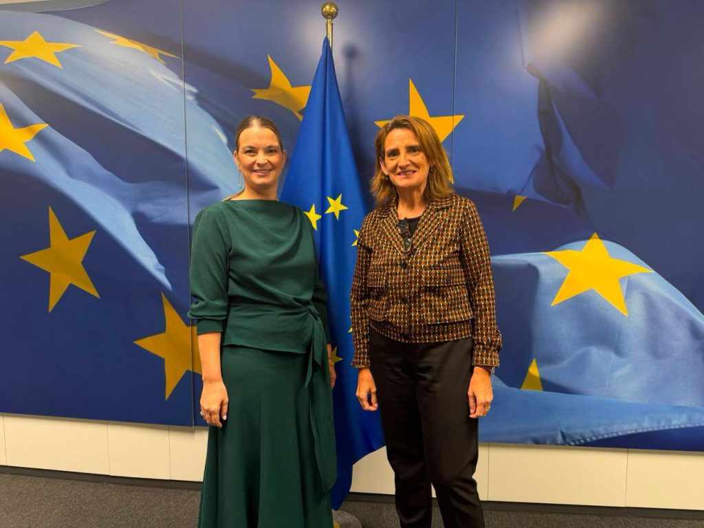 Reunió institucional en un despatx de Brussel·les amb bandera europea al fons, taula de treball amb documents i llum natural de finestra
