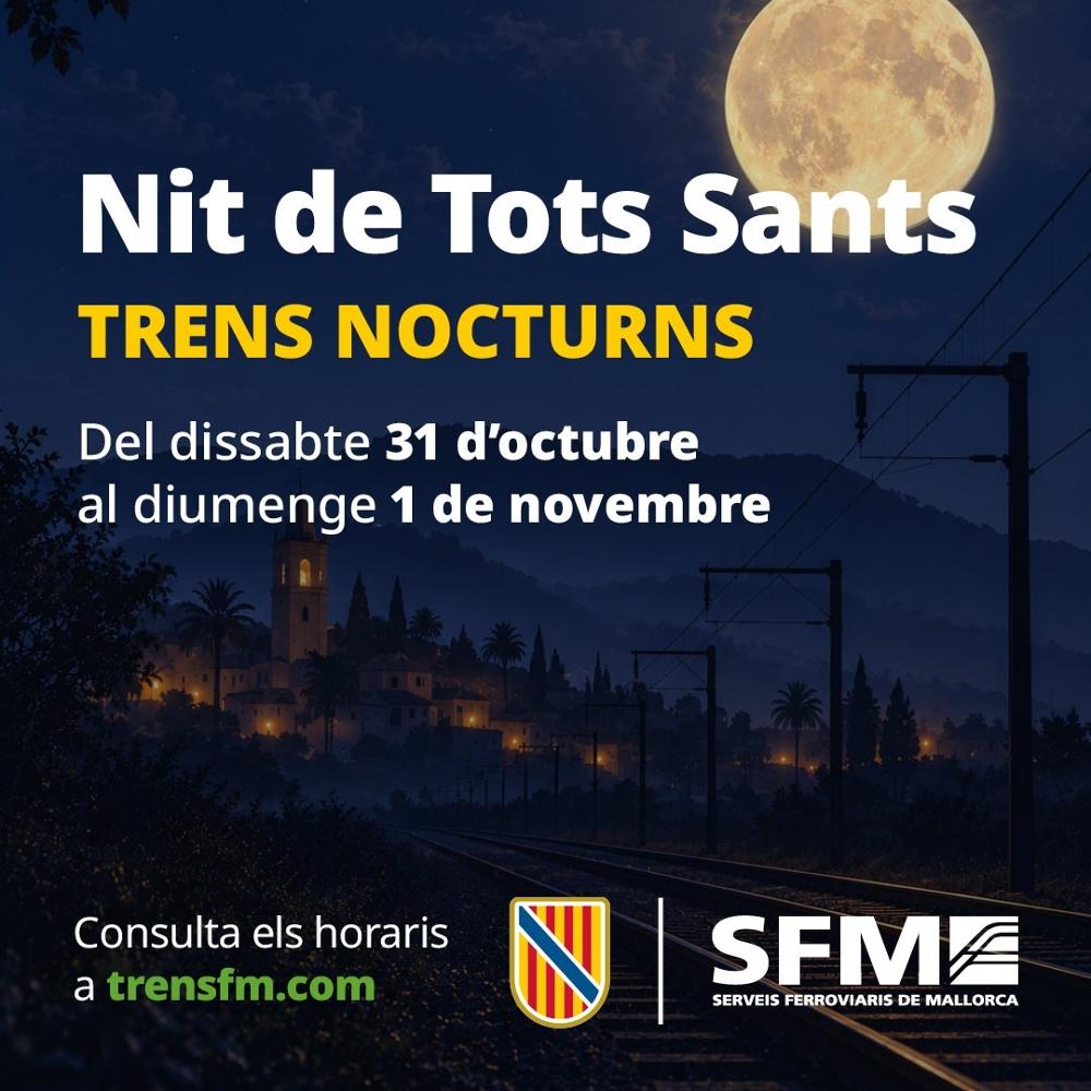 Tren de SFM aturat a l'andana d'una estació de Mallorca durant la nit, amb les llums enceses i el rail il·luminat